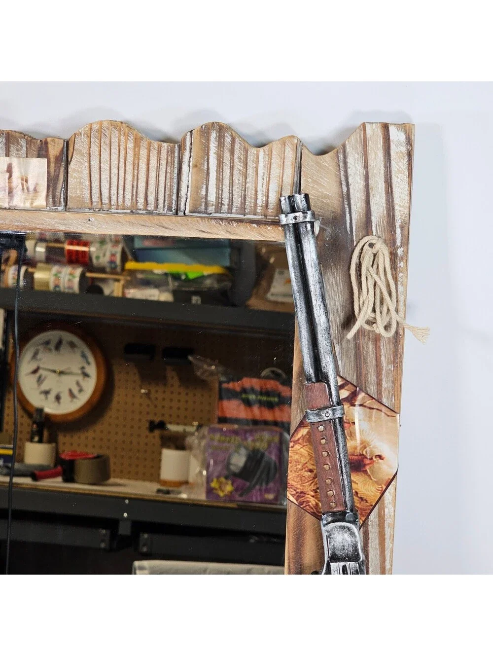 Rustic Hunting Fishing Wall Mirror Lodge Cabin Decor with Shelf and Hooks 19in